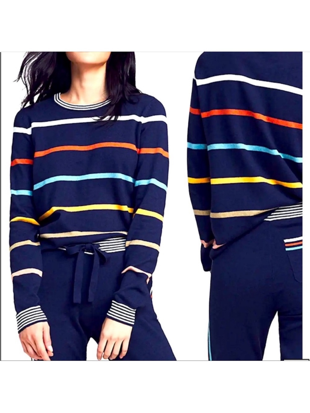 Faherty Women Surf Sweater Size Large Multicolor Stripe Cotton Cashmere Crewneck - Picture 10 of 10